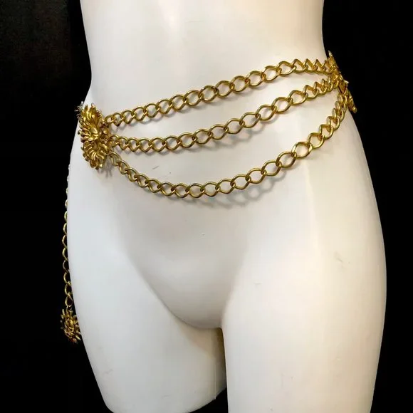 Vtg Gold Tone Festooned Chain Sun Belt - Picture 3 of 9